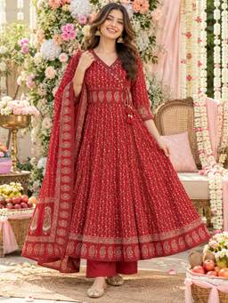BERRYLICIOUS - Red Ethnic Motif Printed Anarkali Kurta with Palazzo and Dupatta