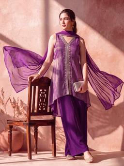 AVANSHEE - Purple Silk Blend Sleeveless Peplum Kurta with Sharara and Dupatta