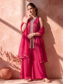 AVANSHEE - Pink Silk Blend Sleeveless Peplum Kurta with Sharara and Dupatta