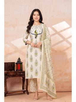 KAPLY - Off-White Floral Printed Pure Cotton Straight Kurta With Pant And Dupatta