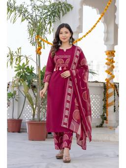 KAPLY - Maroon Bandhani Printed Pure Cotton Straight Kurta With Pant And Dupatta