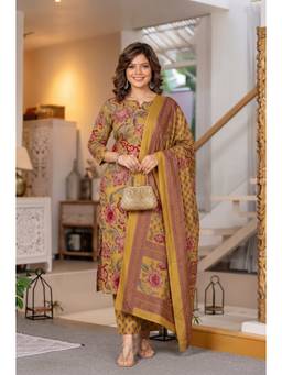 KAPLY - Mustard Floral Printed Cotton Straight Kurta With Pant And Dupatta