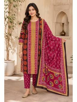 Namastika - Women Magenta Ethnic Motif Digital Print Kurta With Pant And Dupatta
