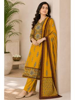Namastika - Women Mustard Ethnic Motifs Digital Print Kurta With Pant And Dupatta