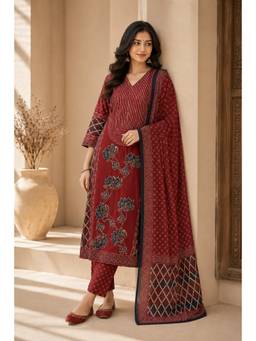 Namastika - Women Maroon Floral Digital Print Kurta With Pant And Dupatta