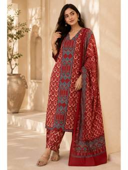 Namastika - Women Red Ethnic Motif Digital Print Kurta With Pant And Dupatta