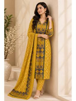 Namastika - Women Mustard Yellow Ethnic Motif Digital Print Kurta With Pant And Dupatta