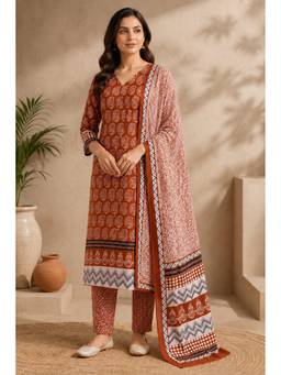 Namastika - Women Rust Ethnic Motifs Digital Print Kurta With Pant And Dupatta
