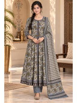 Namastika - Women’S Grey Floral Printed Anarkali With Pant And Dupatta