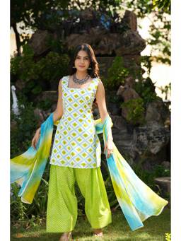 Indian Virasat - Azure Lime Green Bloom Cotton Kurta and Farshi Salwar with Dupatta