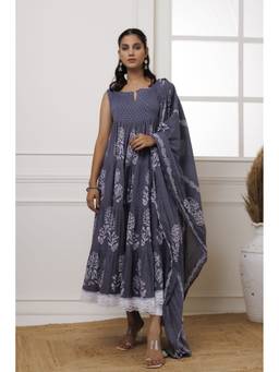 Baisacrafts - Grey Handblock Printed Cotton Anarkali With Pant And Dupatta