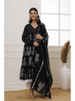 Baisacrafts - Black Handblock Printed Cotton Anarkali With Pant And Dupatta