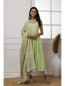 Baisacrafts - Green Polka Dot Printed Cotton Anarkali With Pant And Dupatta