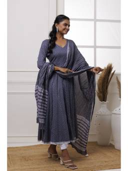 Baisacrafts - Grey Polka Dot Printed Cotton Anarkali With Pant And Dupatta