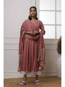 Baisacrafts - Coral Polka Dot Printed Cotton Anarkali With Pant And Dupatta