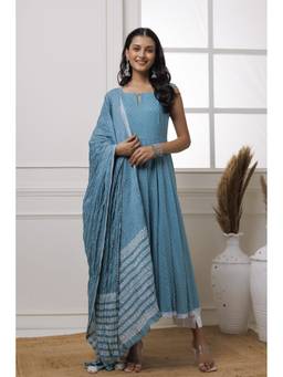 Baisacrafts - Turquoise Polka Dot Printed Cotton Anarkali With Pant And Dupatta