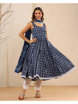 Mayurie - Indigo Dabu Handblock Printed Sleeveless Anarkali With Pant And Dupatta