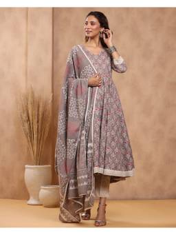 Mayurie - Grey Dabu Print Cotton Anarkali With Pant And Dupatta