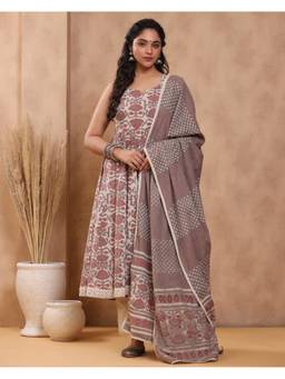 Mayurie - Grey Ethnic Printed Anarkali With Pant And Dupatta