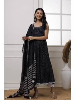 Baisacrafts - Black Polka Dot Block Printed Cotton Anarkali With Pant And Dupatta