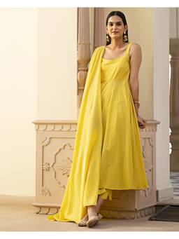 Mayurie - Solid Mustard Mulmul Anarkali Kurta with Pant and Dupatta