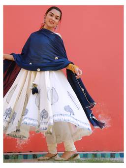 Mayurie - Beige Handblock Printed Anarkali With Pant And Dupatta