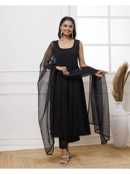Baisacrafts - Black Schiffli Cotton Anarkali With Pant And Dupatta