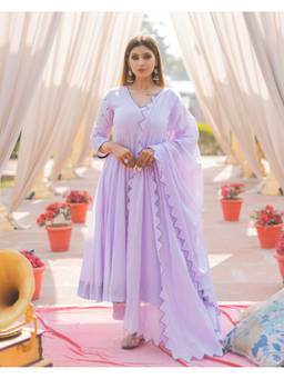Mayurie - Lavender Mulmul Embroidered Anarkali With Pant And Dupatta