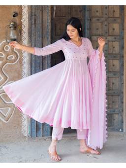 Mayurie - Pink Embroidered Anarkali With Pant And Dupatta