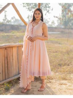 Mayurie - Peach Mulmul Sleeveless Anarkali With Pant And Dupatta