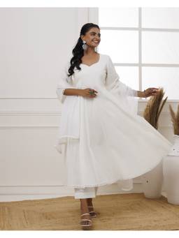 Baisacrafts - Ivory Schiffili Cotton Anarkali With Pant And Dupatta