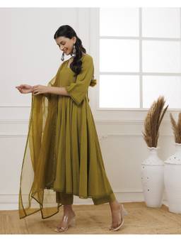 Baisacrafts - Olive Schiffili Cotton Anarkali With Pant And Dupatta
