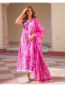 Mayurie - Pink Dabu Print Cotton Anarkali With Pant And Dupatta