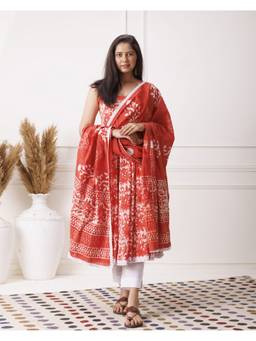 Mayurie - Red Dabu Print Sleeveless Anarkali With Pant And Dupatta