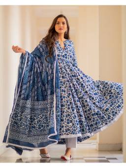 Mayurie - Indigo Dabu Print Anarkali With Pant And Dupatta