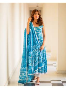 Mayurie - Turquoise Dabu Print Cotton Anarkali With Pant And Dupatta