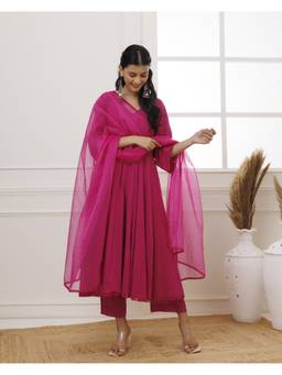 Baisacrafts - Pink Schiffili Cotton Anarkali With Pant And Dupatta