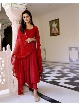 Mayurie - Maroon Solid Anarkali With Pant And Dupatta