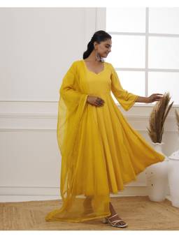 Baisacrafts - Mustard Schiffli Cotton Anarkali With Pant And Dupatta