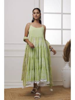Baisacrafts - Green Handblock Printed Cotton Anarkali With Pant And Dupatta