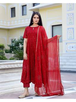 Mayurie - Maroon Cotton Chikankari Anarkali With Pant And Dupatta