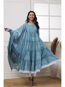 Baisacrafts - Turquoise Handblock Printed Cotton Anarkali With Pant And Dupatta