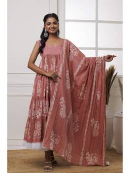 Baisacrafts - Coral Handblock Printed Cotton Anarkali With Pant And Dupatta