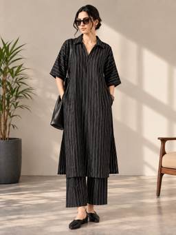 MYSHKA - Women Black Woven Cotton Short Sleeves Striped Kurta with Palazzo