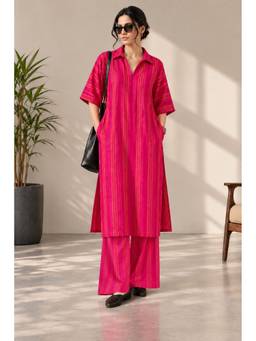 MYSHKA - Women Pink Woven Cotton Short Sleeves Striped Kurta with Palazzo