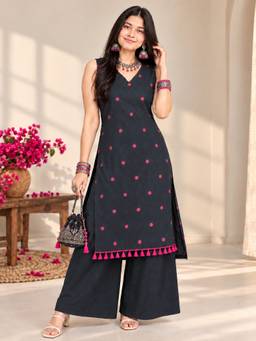 MYSHKA - Women Black Woven Cotton Sleeveless Kurta with Solid Palazzo