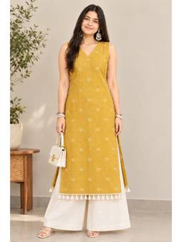 MYSHKA - Women Yellow Woven Cotton Sleeveless Kurta with Solid Palazzo