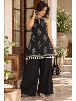 MYSHKA - Black Women Cotton Floral Halter Neck A-Line Kurta with Wide-Leg Palazzo