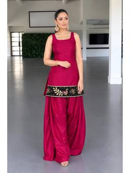 MYSHKA - Pink Silk Blend Embroidered Sleeveless Kurta with Farshi Salwar