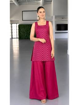 MYSHKA - Pink Silk Blend Sleeveless Kurti Palazzo with Dupatta